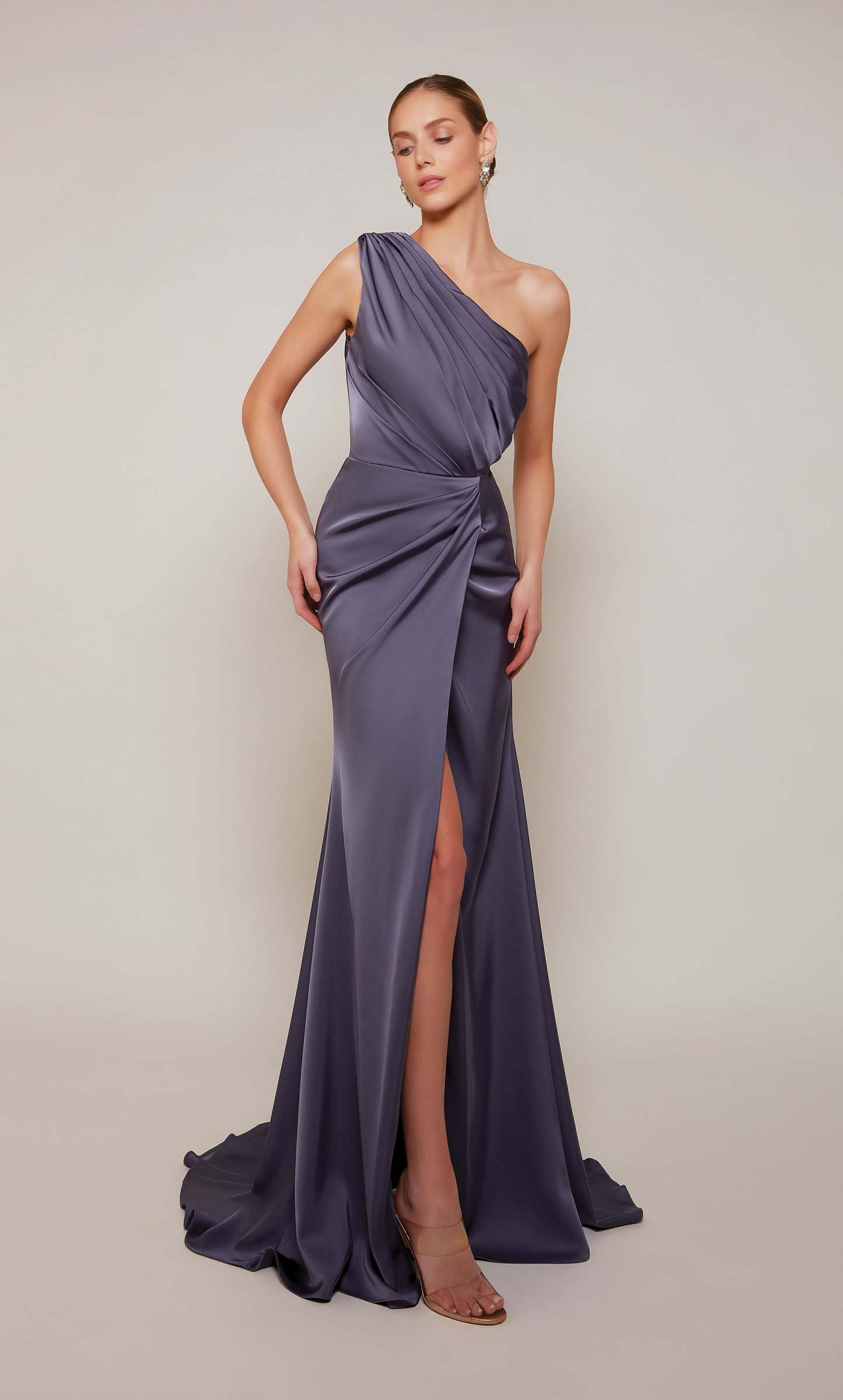 One Shoulder Satin Ruched Front Slit Train Formal Gown #27697