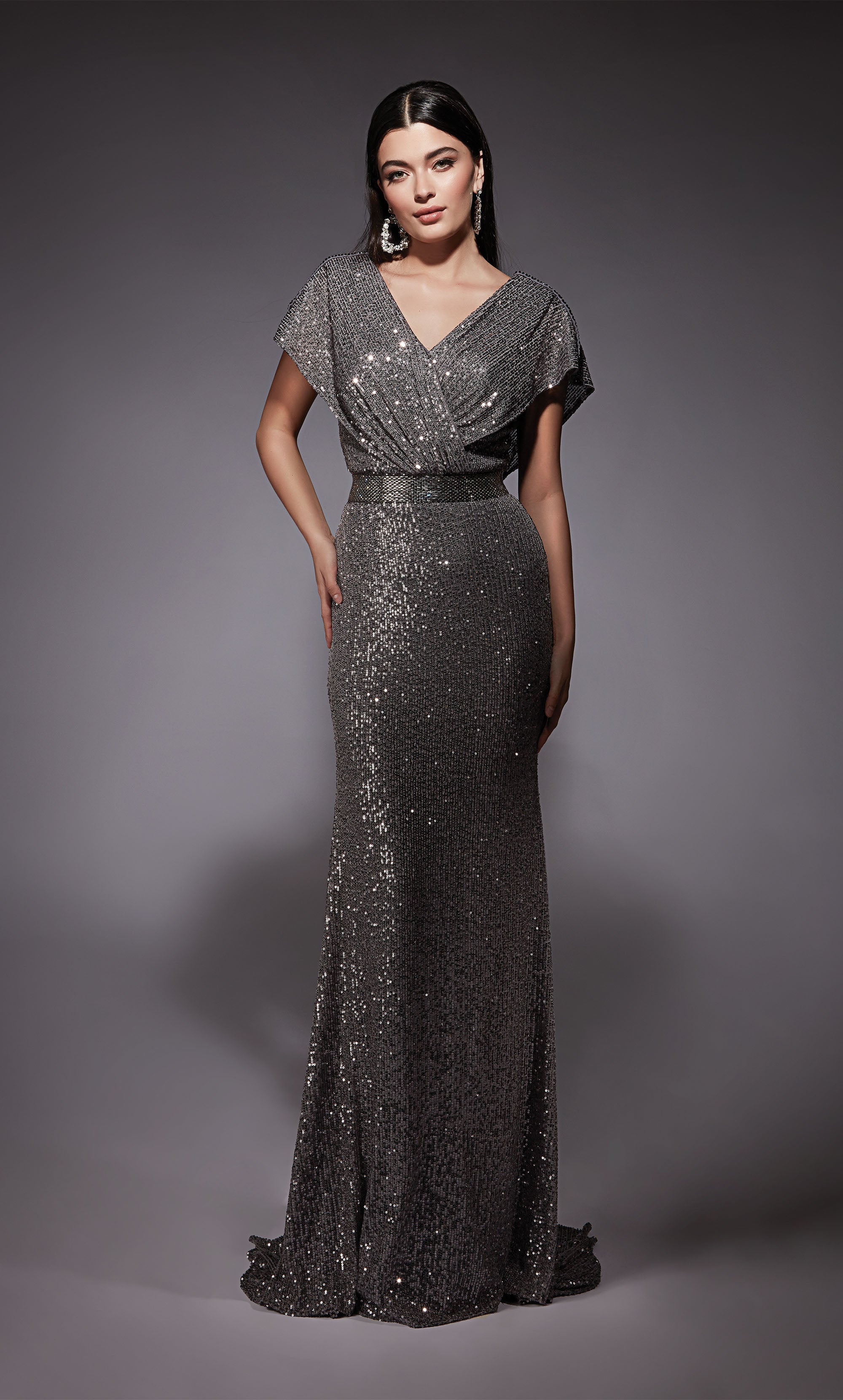V-neck Linear Sequins Train Straight Mother Of The Bride Dress #27708