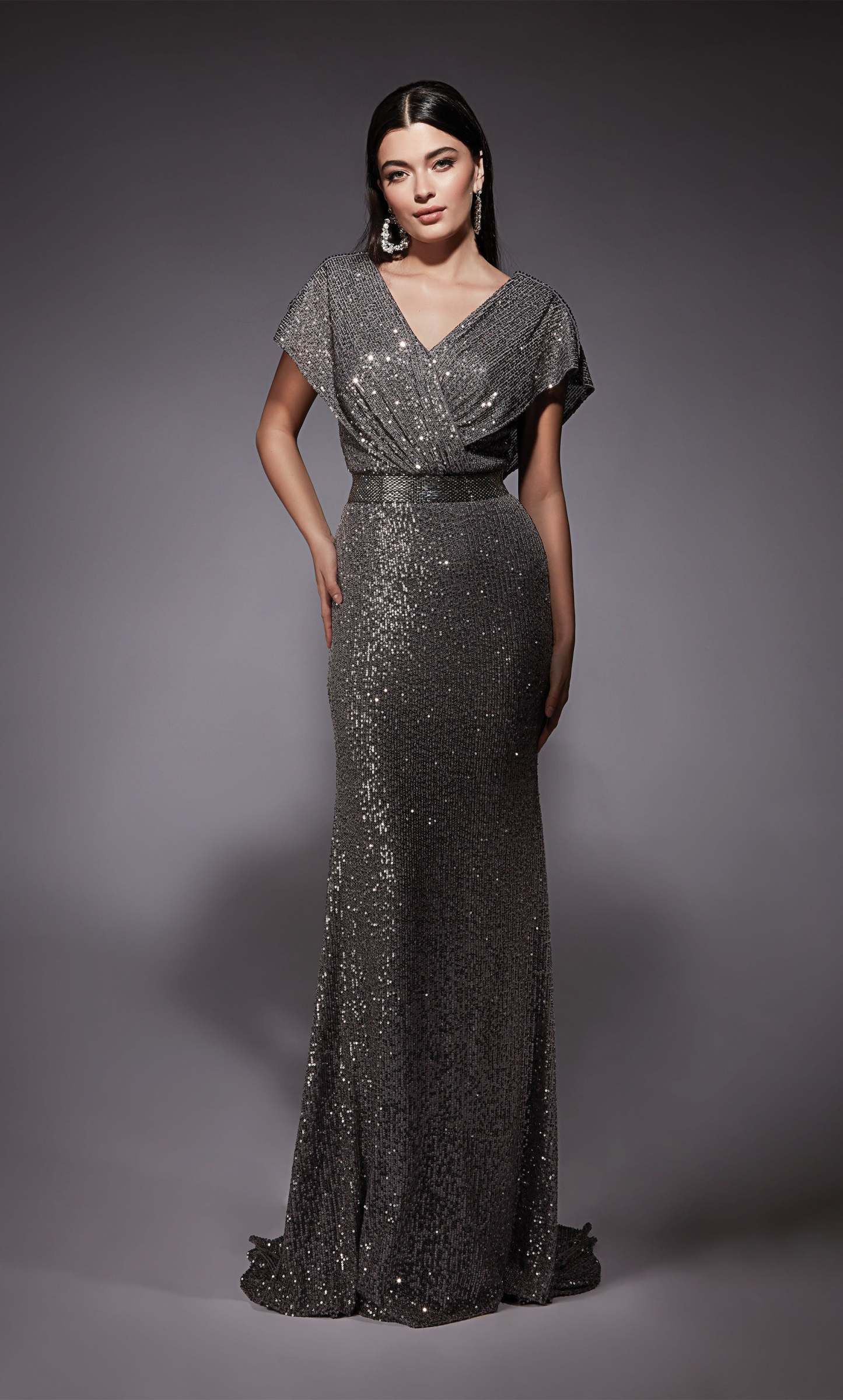 V-neck Linear Sequins Train Straight Mother Of The Bride Dress #27708