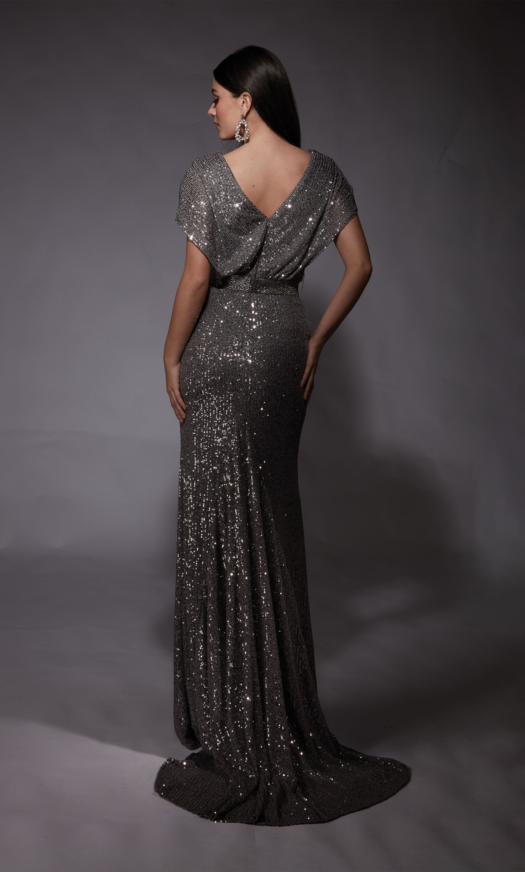 V-neck Linear Sequins Train Straight Mother Of The Bride Dress #27708