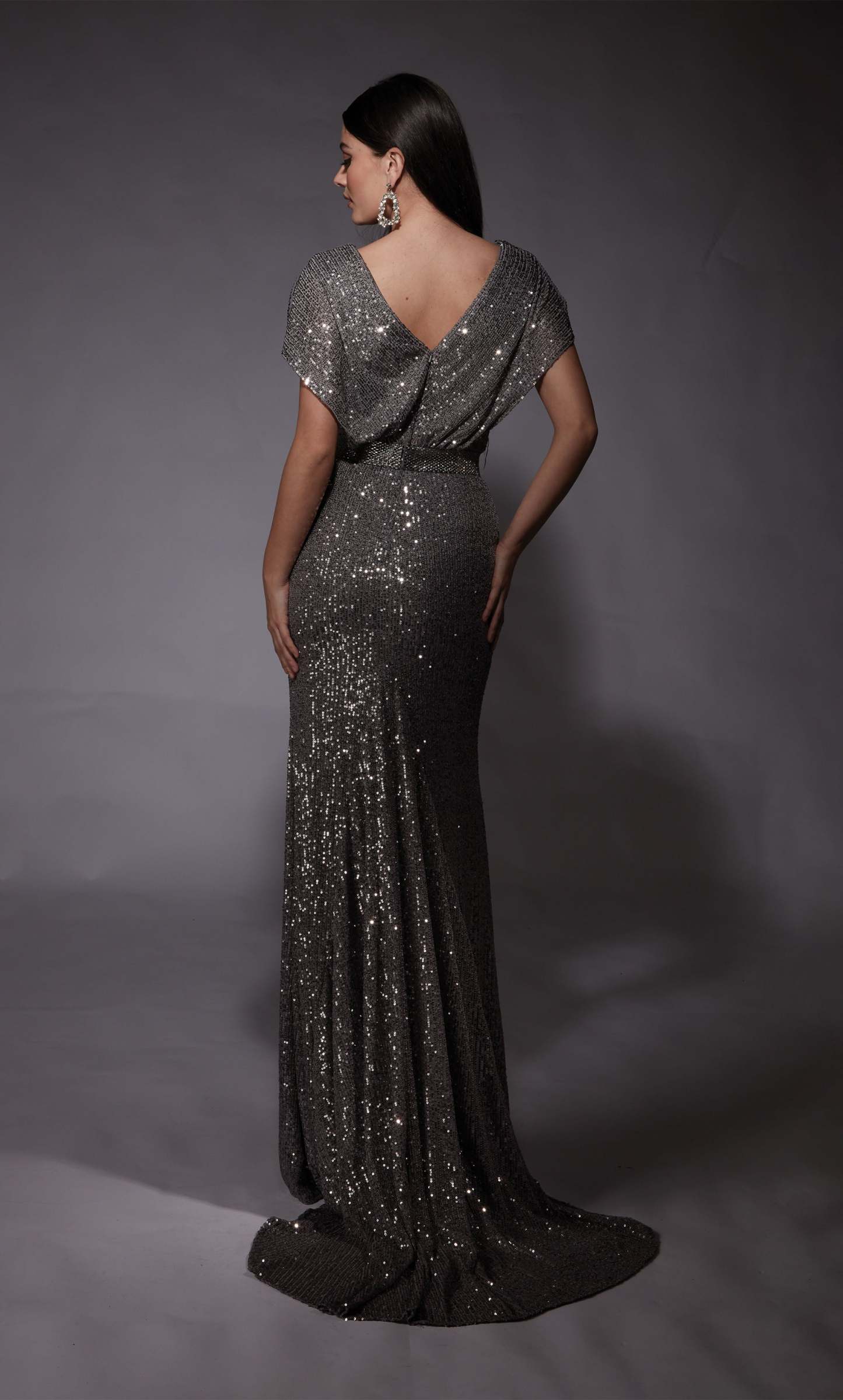 V-neck Linear Sequins Train Straight Mother Of The Bride Dress #27708
