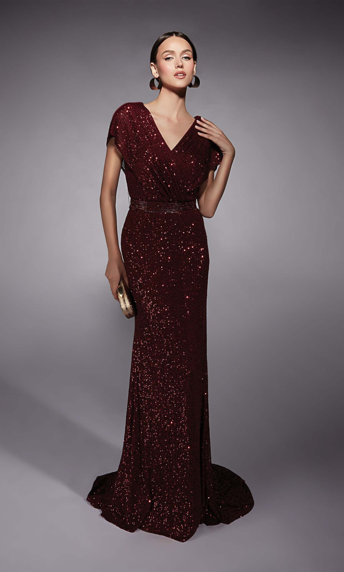 V-neck Linear Sequins Train Straight Mother Of The Bride Dress #27708