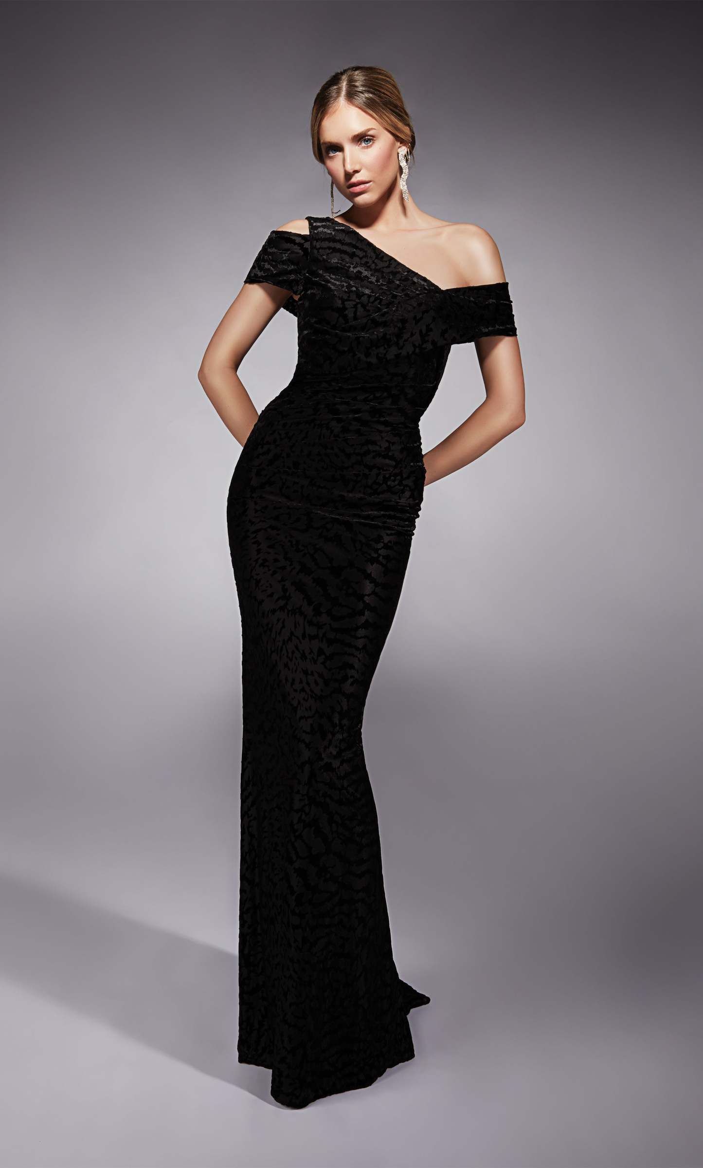 One Shoulder Velvet Straight Closed Back Train Formal Gown #27709
