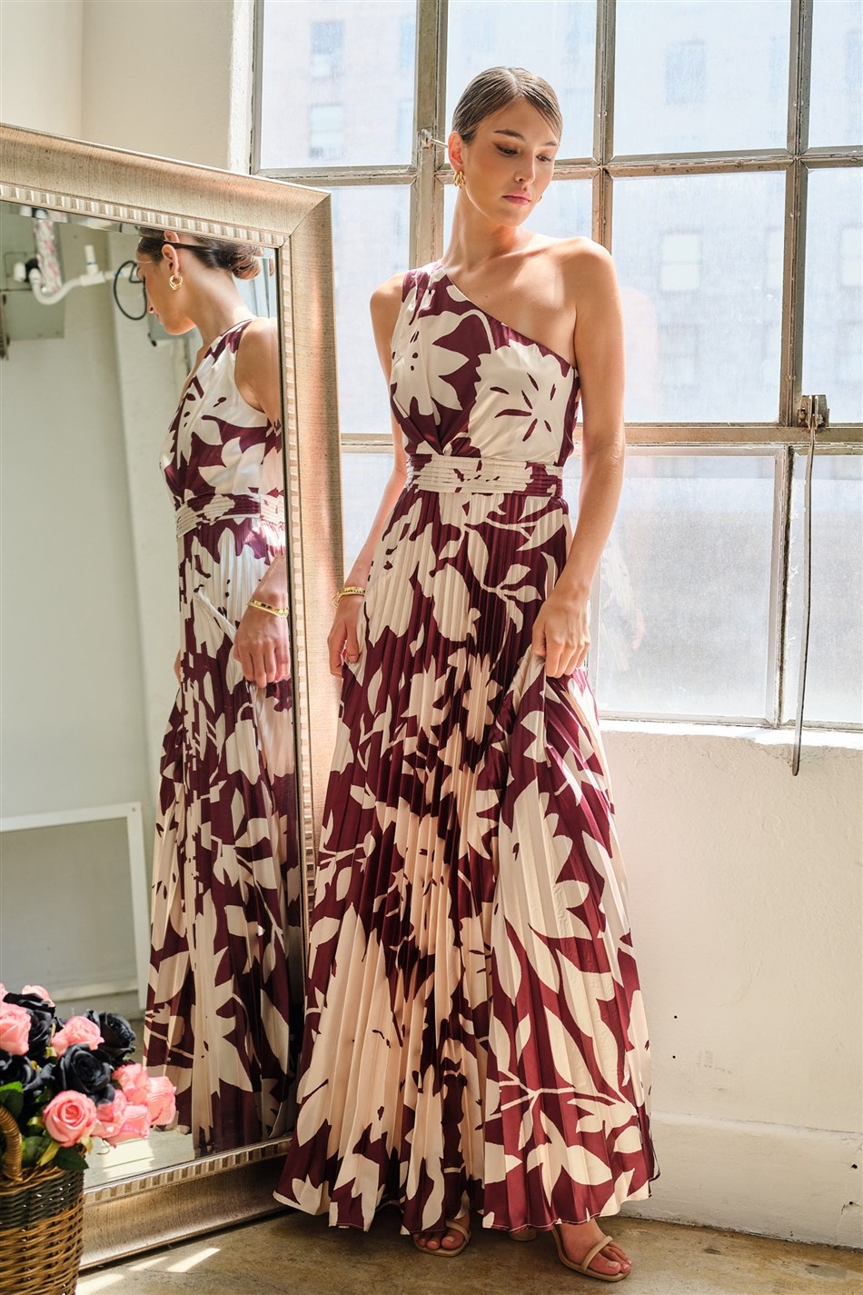 One Shoulder Satin Floral Print Pleated Maxi Dress