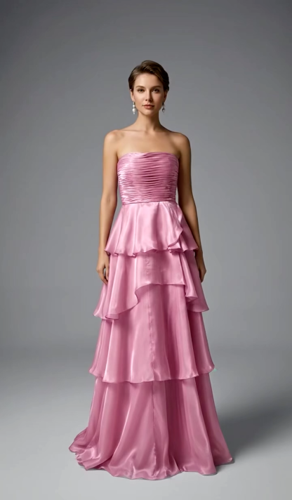 Pink Satin A-Line Prom Dress | Strapless Tiered Long Gown