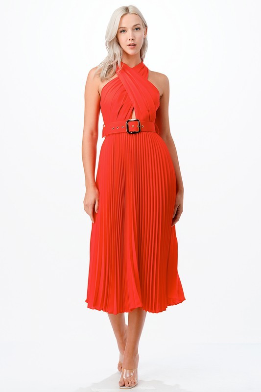 Cross Over Pleats Midi Dress ST-047