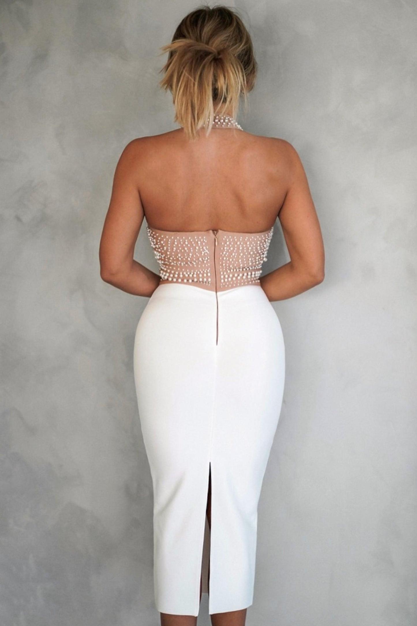 Pearl Embelishment Halter Bandage Midi Dress - Beige - Bellabarnett