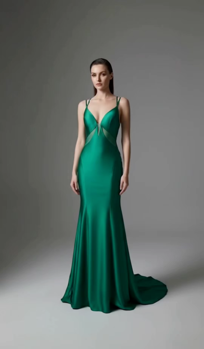 Green Satin Mermaid Prom Dress | Deep V-Neck Gown with Lace-Up Back
