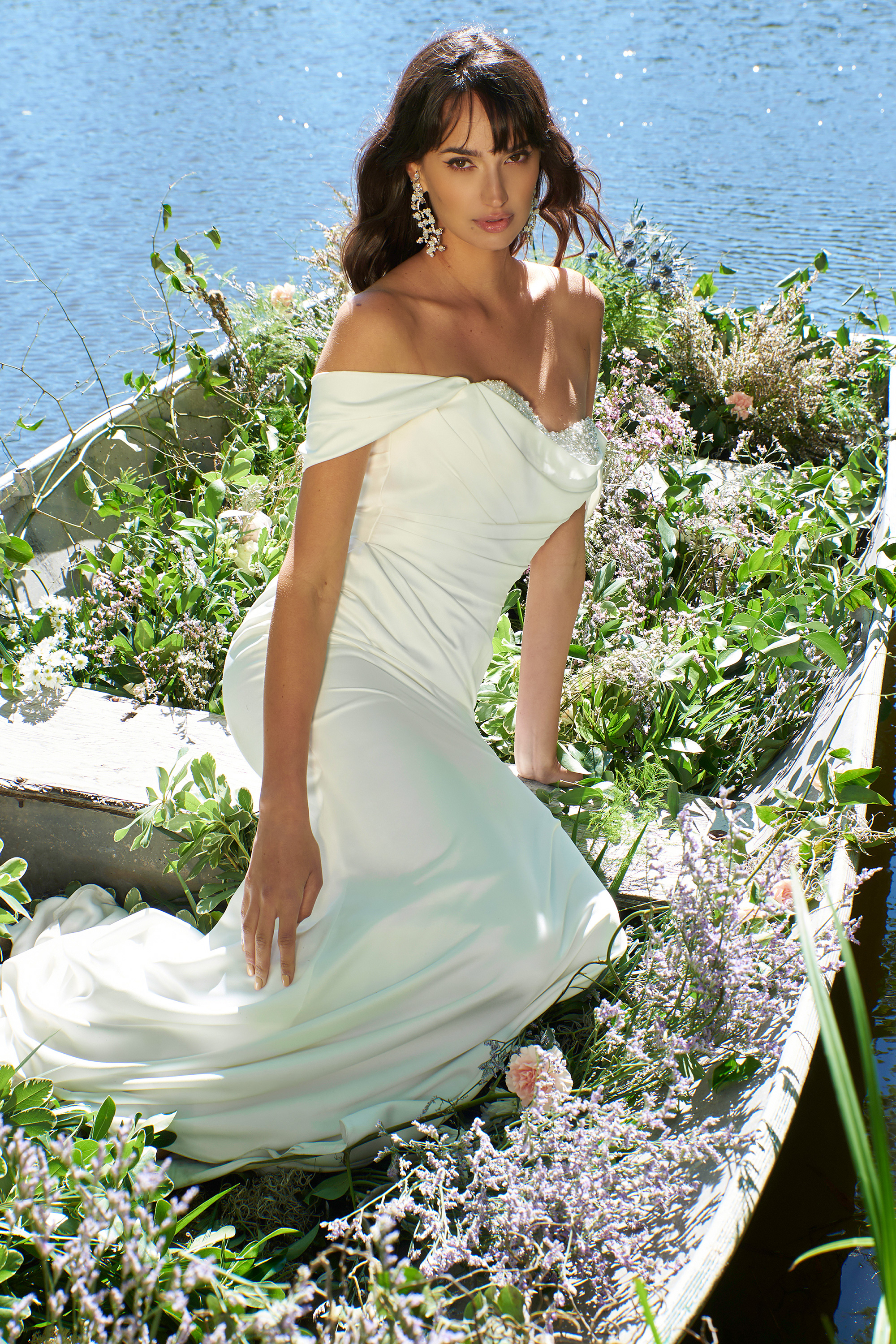 Charmeuse Fit and Flare Gown with Embellished Sweetheart Neckline #44388