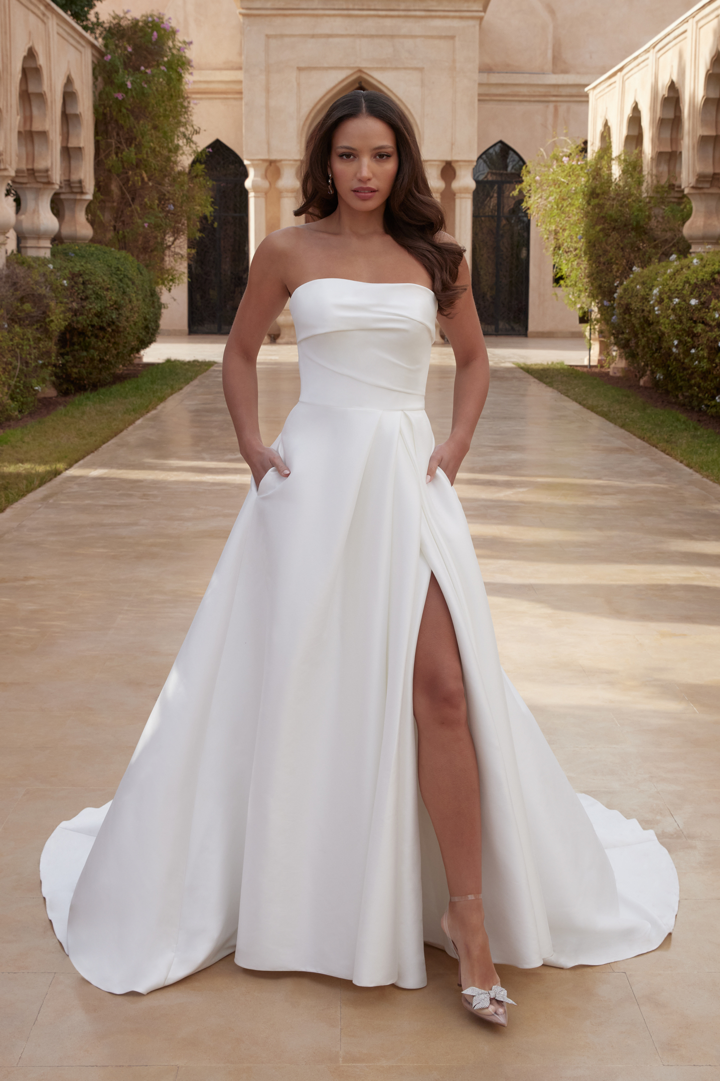 Strapless Stretch Mikado A-Line with Draped Straight Neckline #44416
