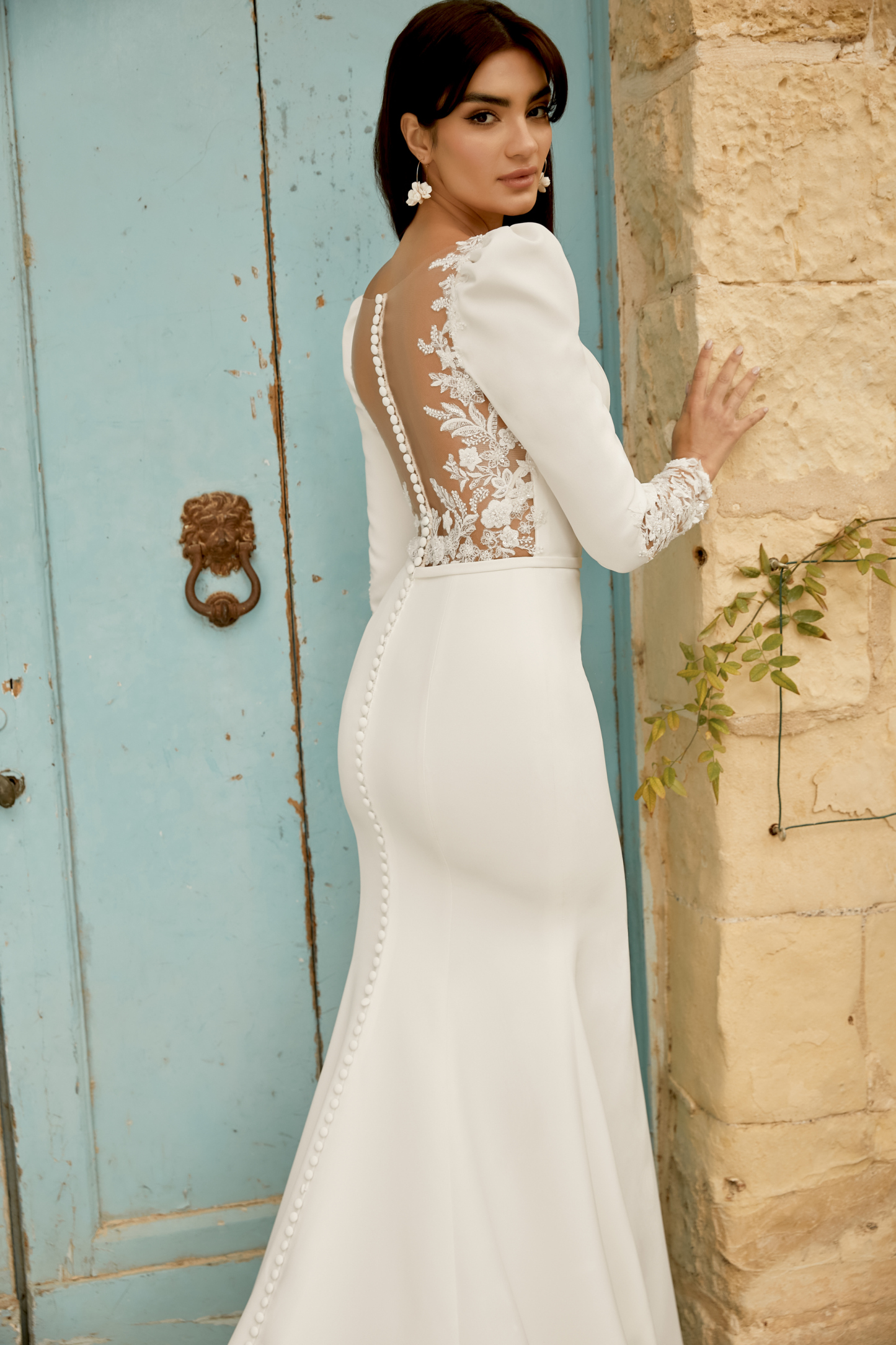 Crepe Fit and Flare Gown with Plunging V-Neckline and Puff Shoulders#44478