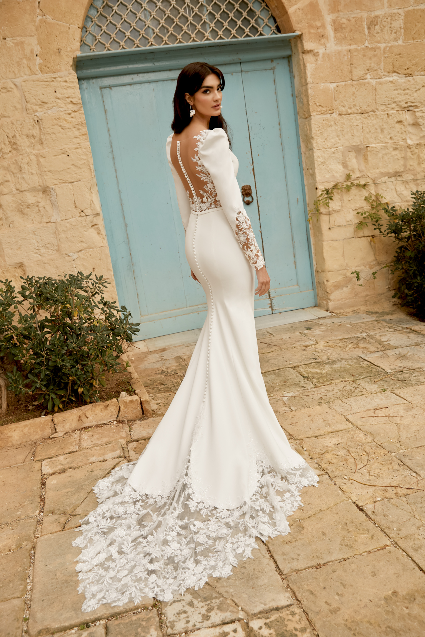 Crepe Fit and Flare Gown with Plunging V-Neckline and Puff Shoulders#44478