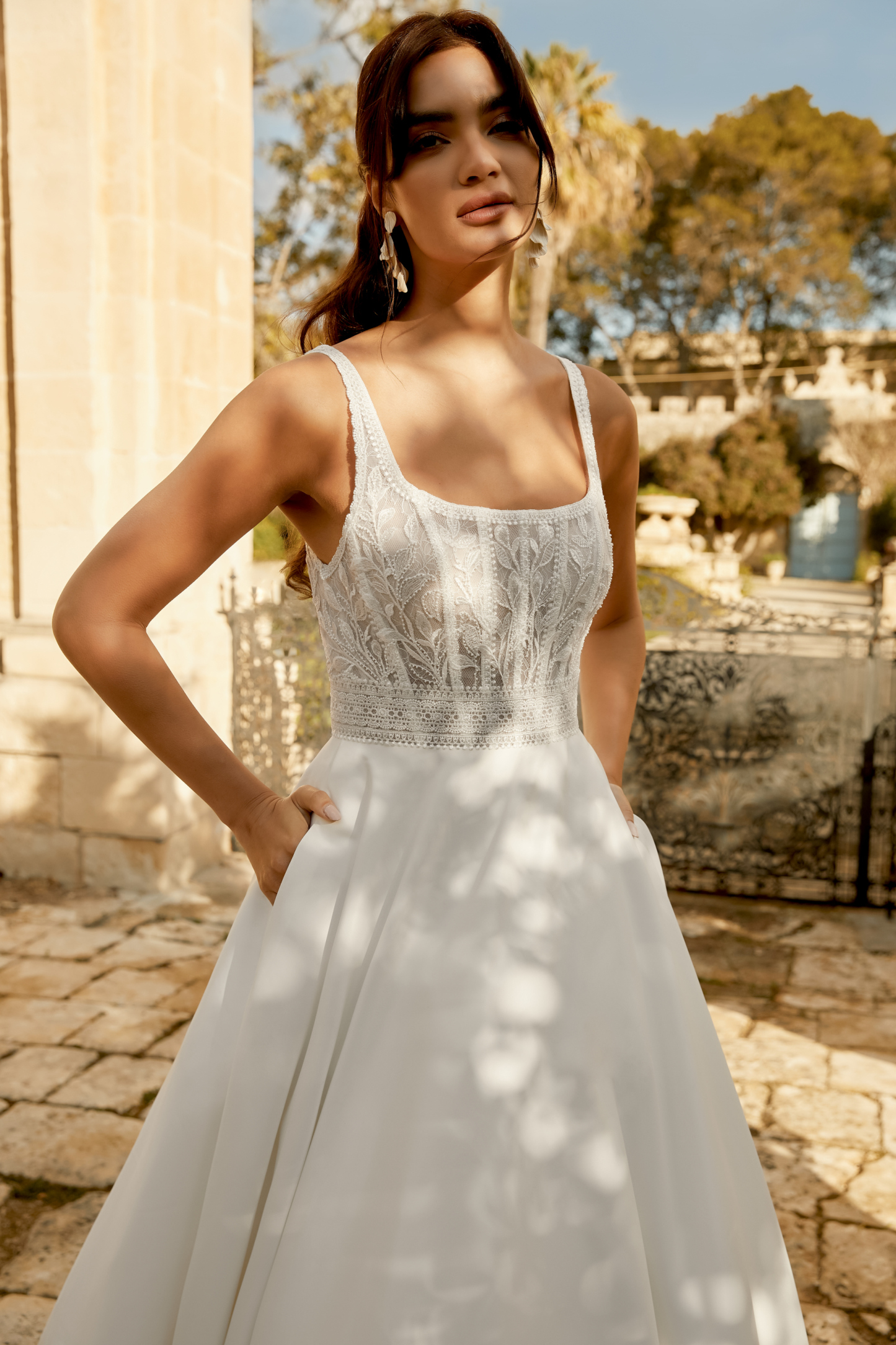 Lace and Satin A-Line with Square Neckline and Scoop Back#44493