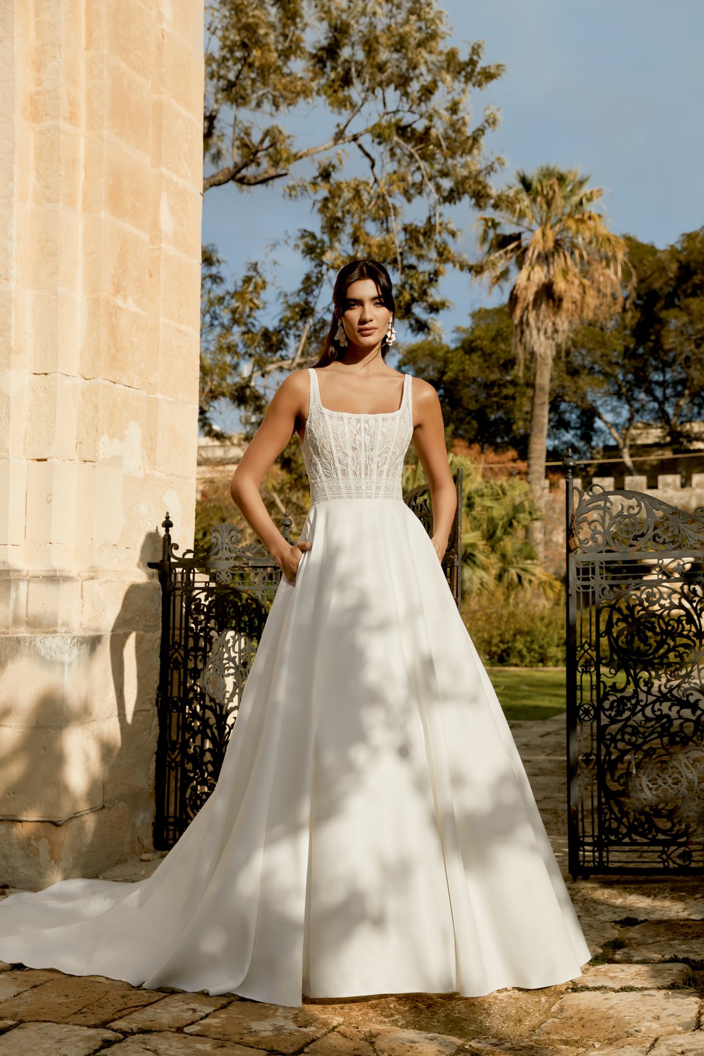Lace and Satin A-Line with Square Neckline and Scoop Back#44493