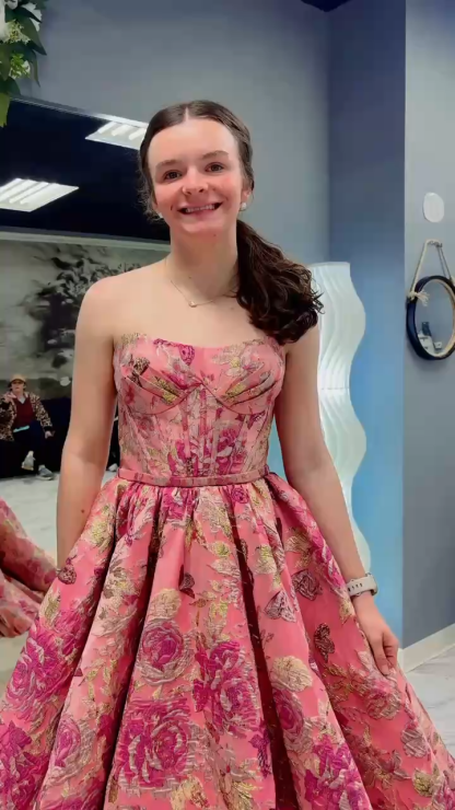 #3704 Rosemarnder Rose Pink Jacquard Flowers Prom Dress 