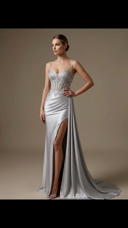 Silver Satin Mermaid Prom Dress | Side Streamer Pleated Corset Gown