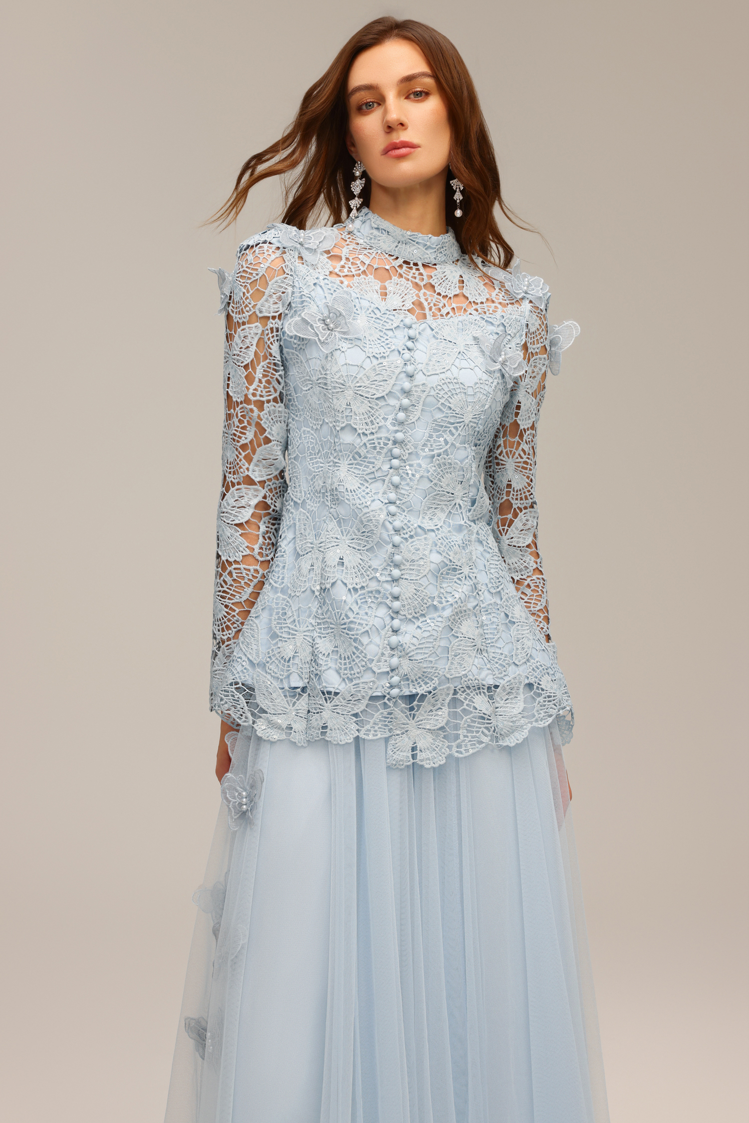 Sabina Long Sleeve Folds Lace Butterfly Top And Skirt Two-Piece Set