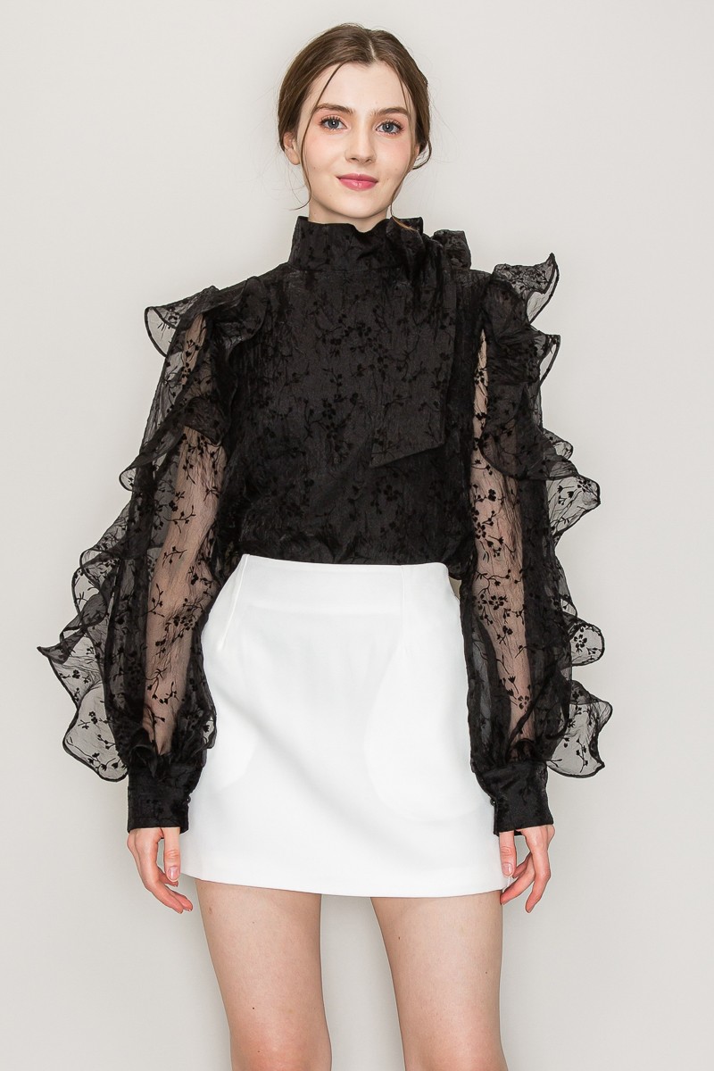 High Neck Long Sleeve Floral Print Frilled Blouse #22436221