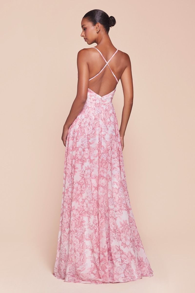 A-Line V-Neck Thin Straps Soft Chiffon Print Dress 7444