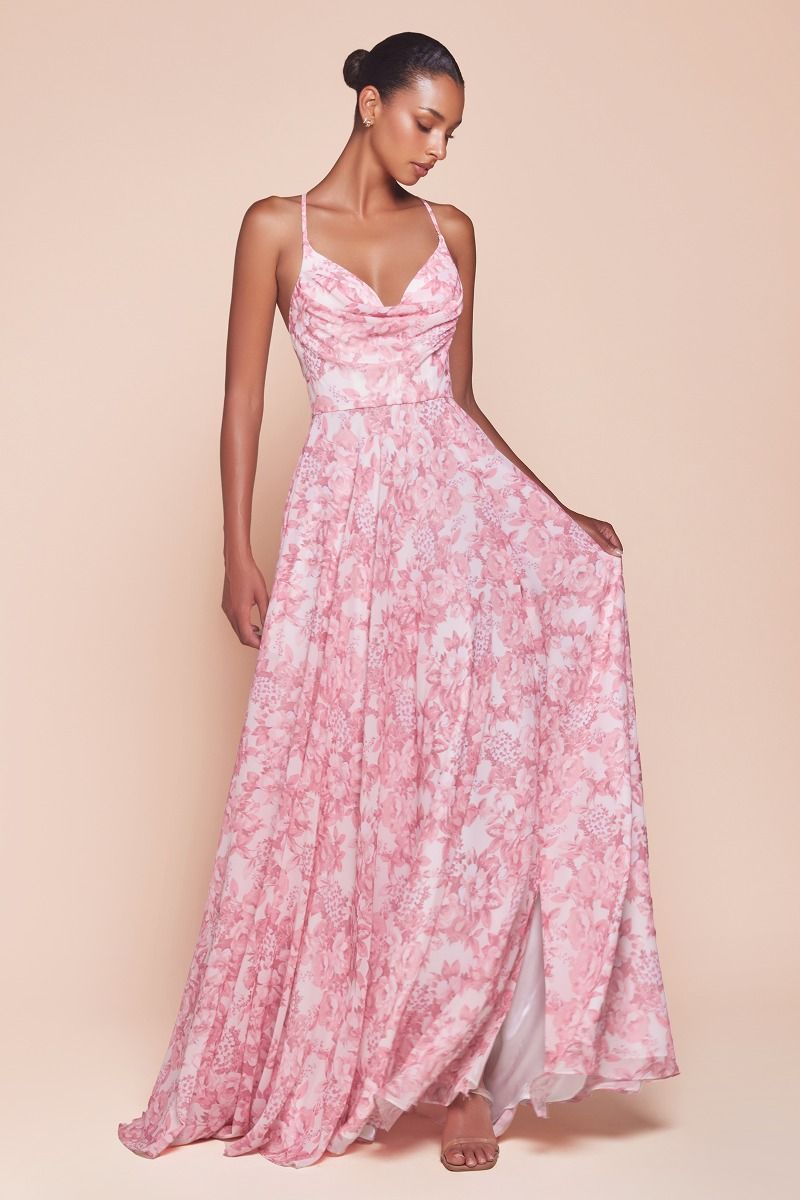 A-Line V-Neck Thin Straps Soft Chiffon Print Dress 7444