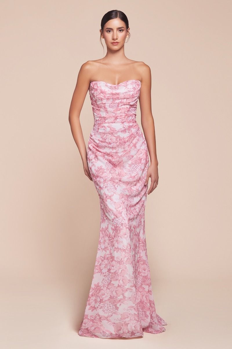 Fitted Strapless Floral Printed Chiffon Dress 7445