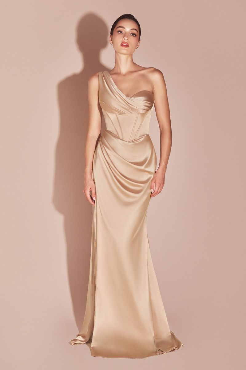 Fitted One Shoulder Pleated Satin Corset Gown 7448