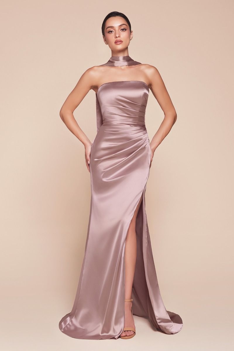 Fitted Strapless Straight Satin Lace-Up Corset Back Gown 7451