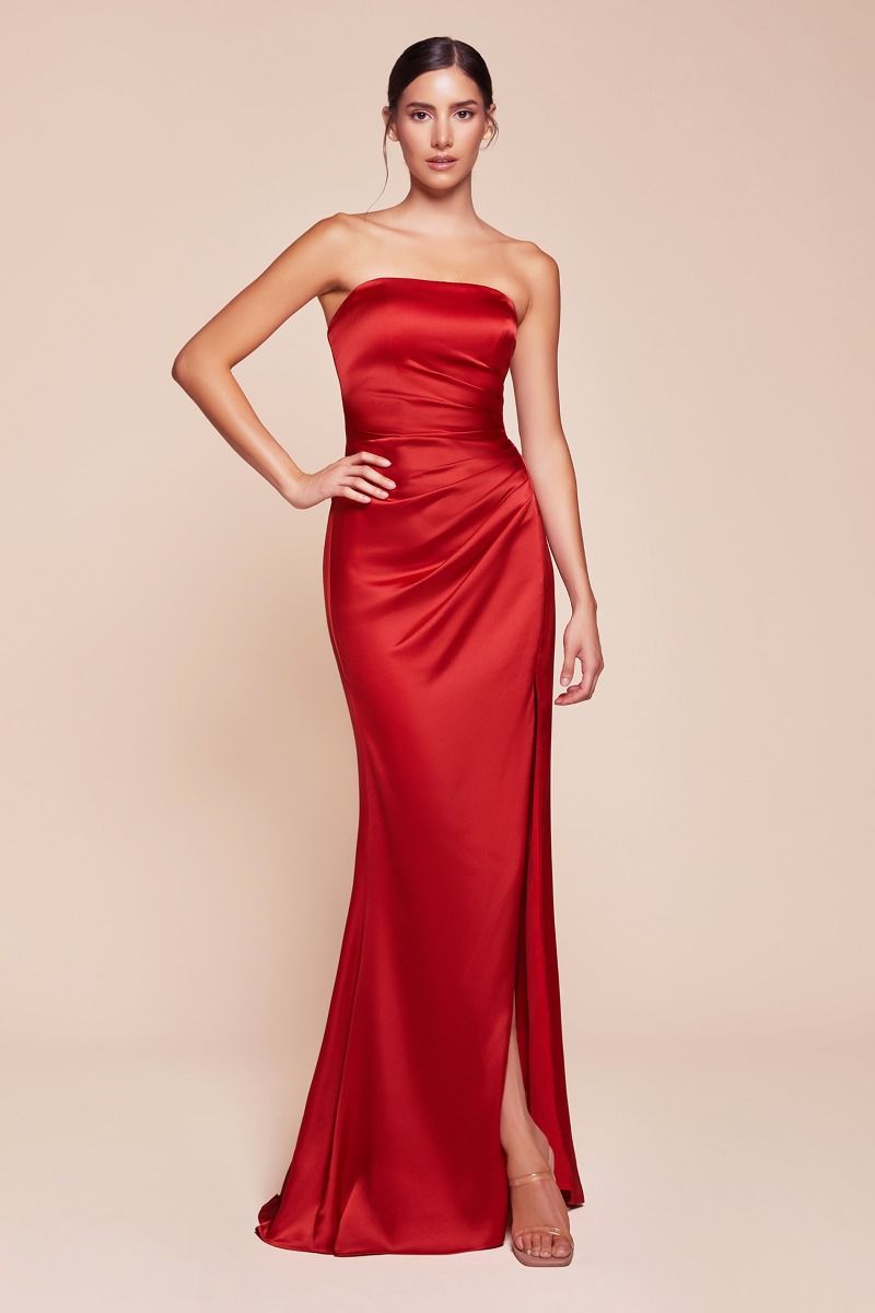 Fitted Strapless Straight Satin Lace-Up Corset Back Gown 7451