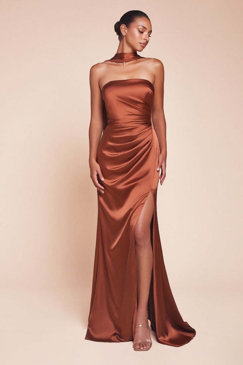 Fitted Strapless Straight Satin Lace-Up Corset Back Gown 7451