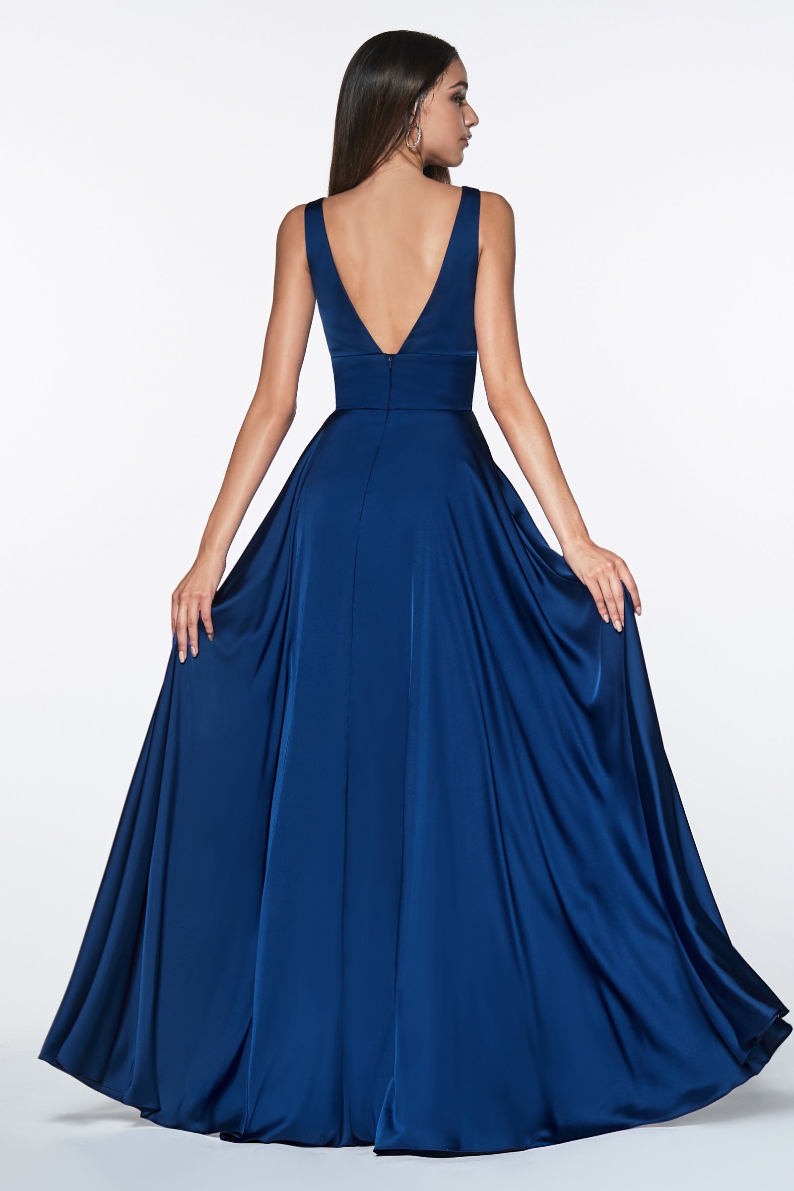 A-Line Deep V-Neck Soft Satin Empire Waistline Dress 7469