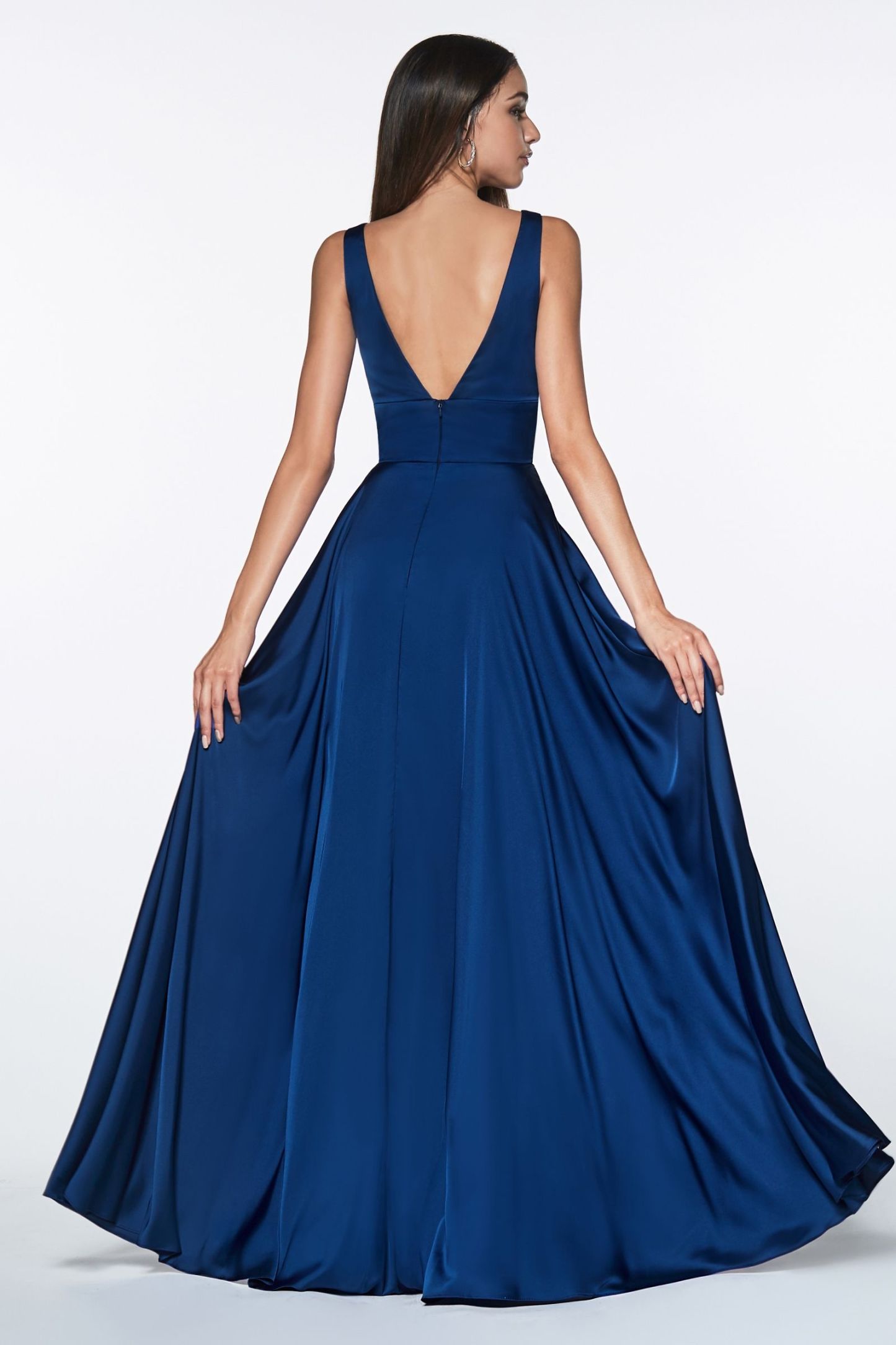 A-Line Deep V-Neck Soft Satin Empire Waistline Dress 7469
