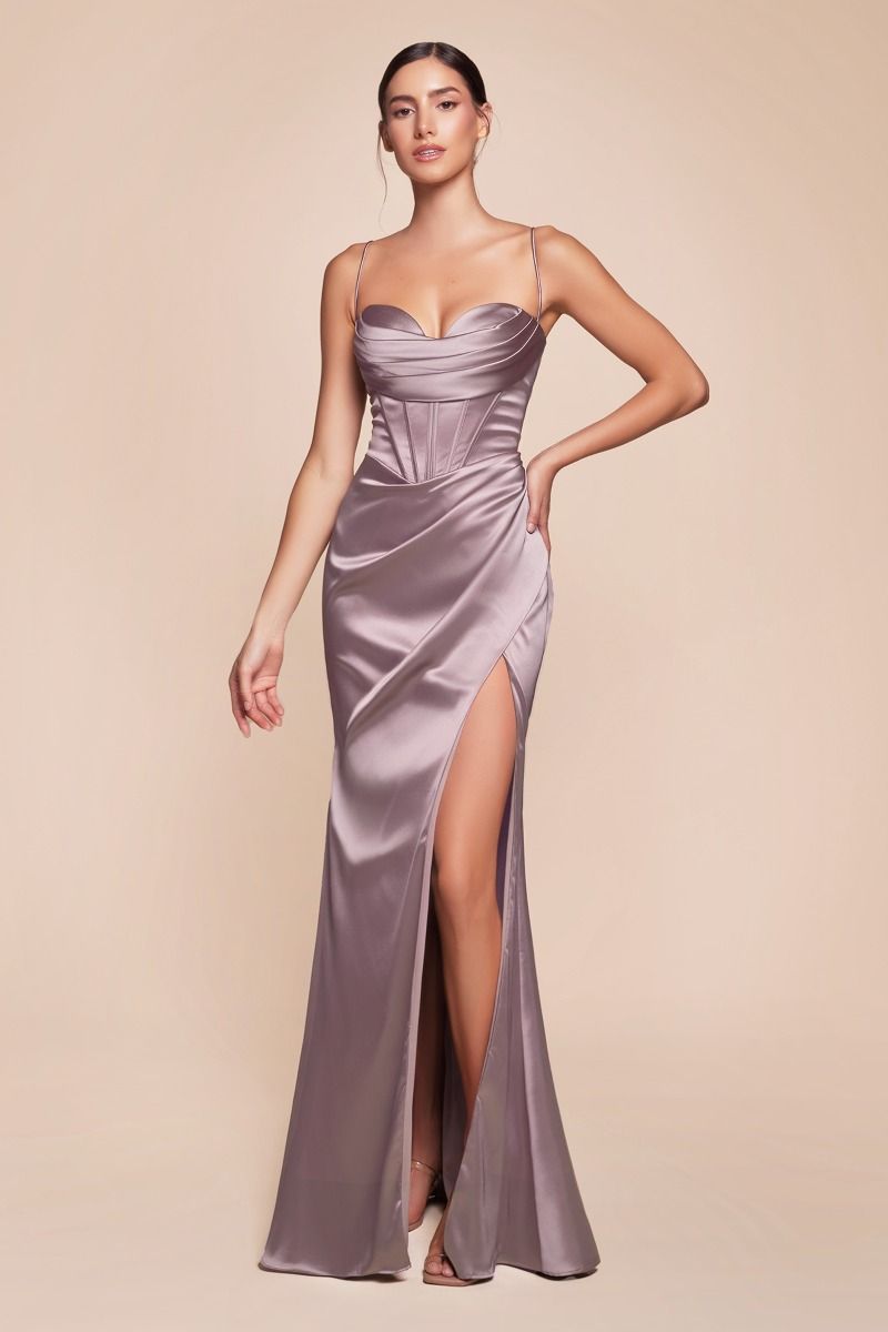 Fitted Corset Sweetheart Pleated Luxe Satin Lace-Up Gown 7483
