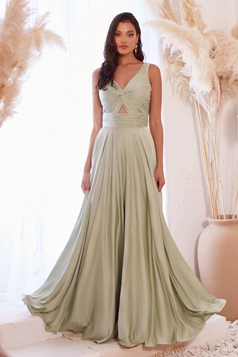 A-Line Straps V-Neck Satin Pleated Keyhole Dress 7497
