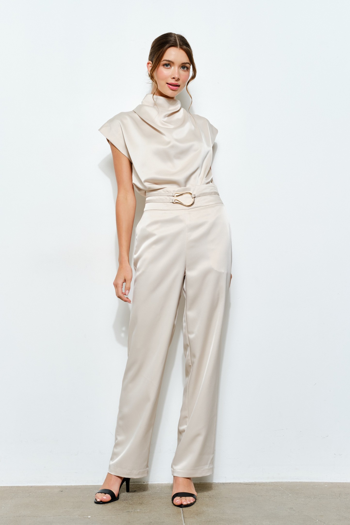 Satin Wide-leg Pants With Metal-accent Belt #23691199