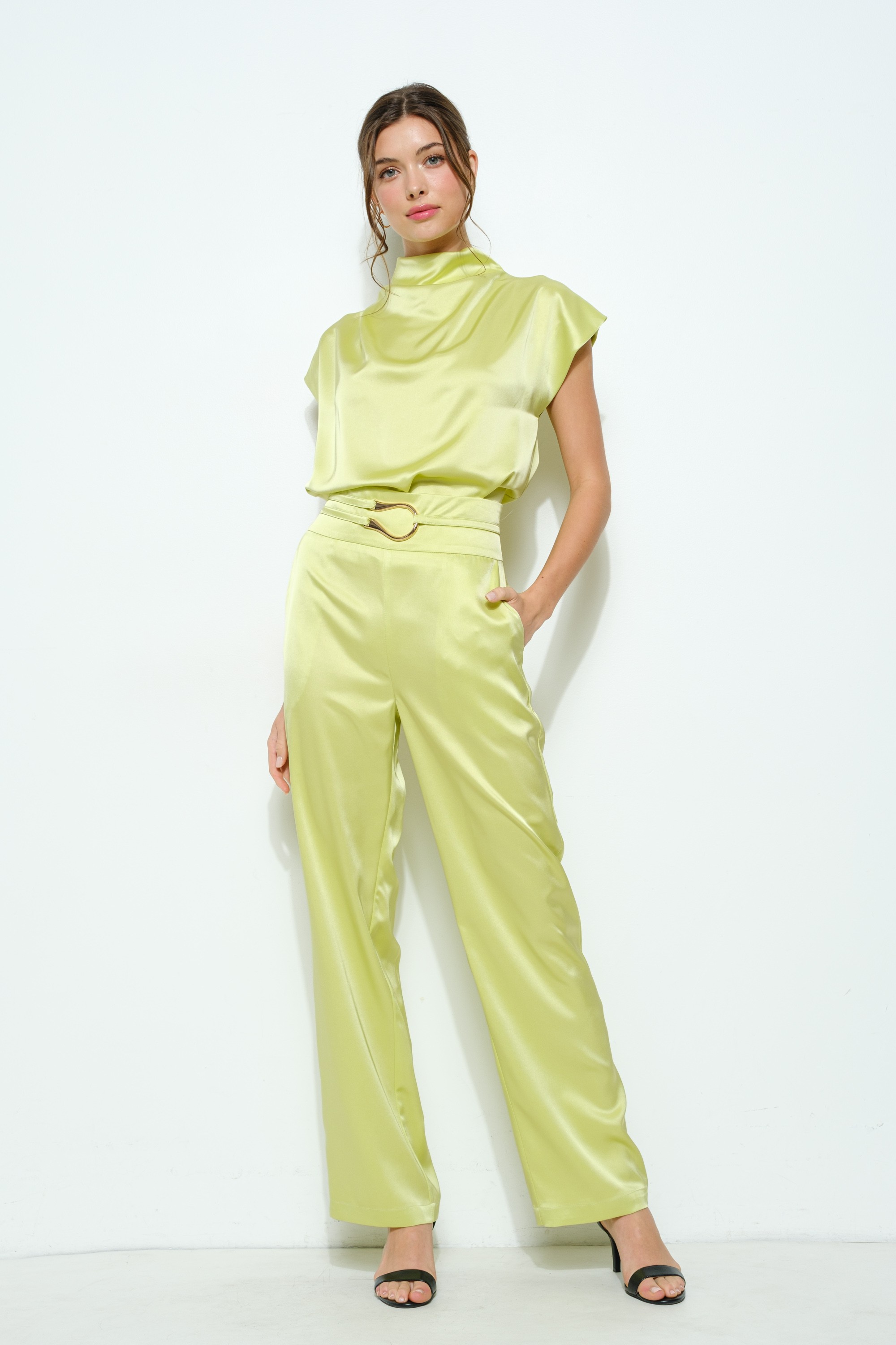Satin Draped High-neck Cap-sleeve Top #23691171