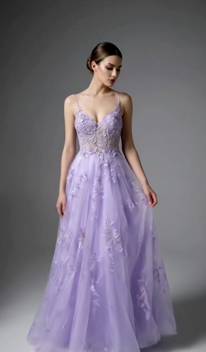Purple A-Line Prom Dress | Embroidered Tulle Gown with Sequin Detail