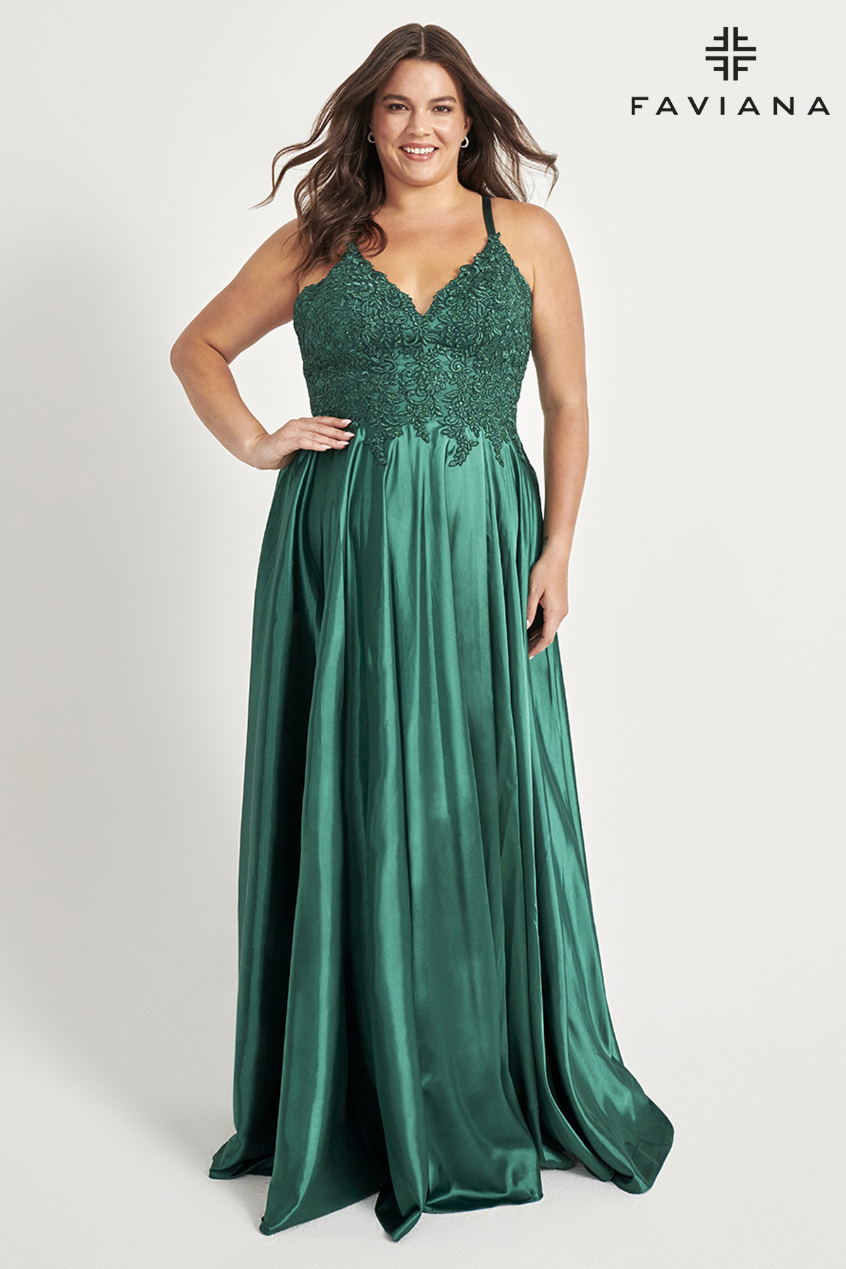 Long Charmeuse V-Neck Prom Dress With Applique Bodice  9498