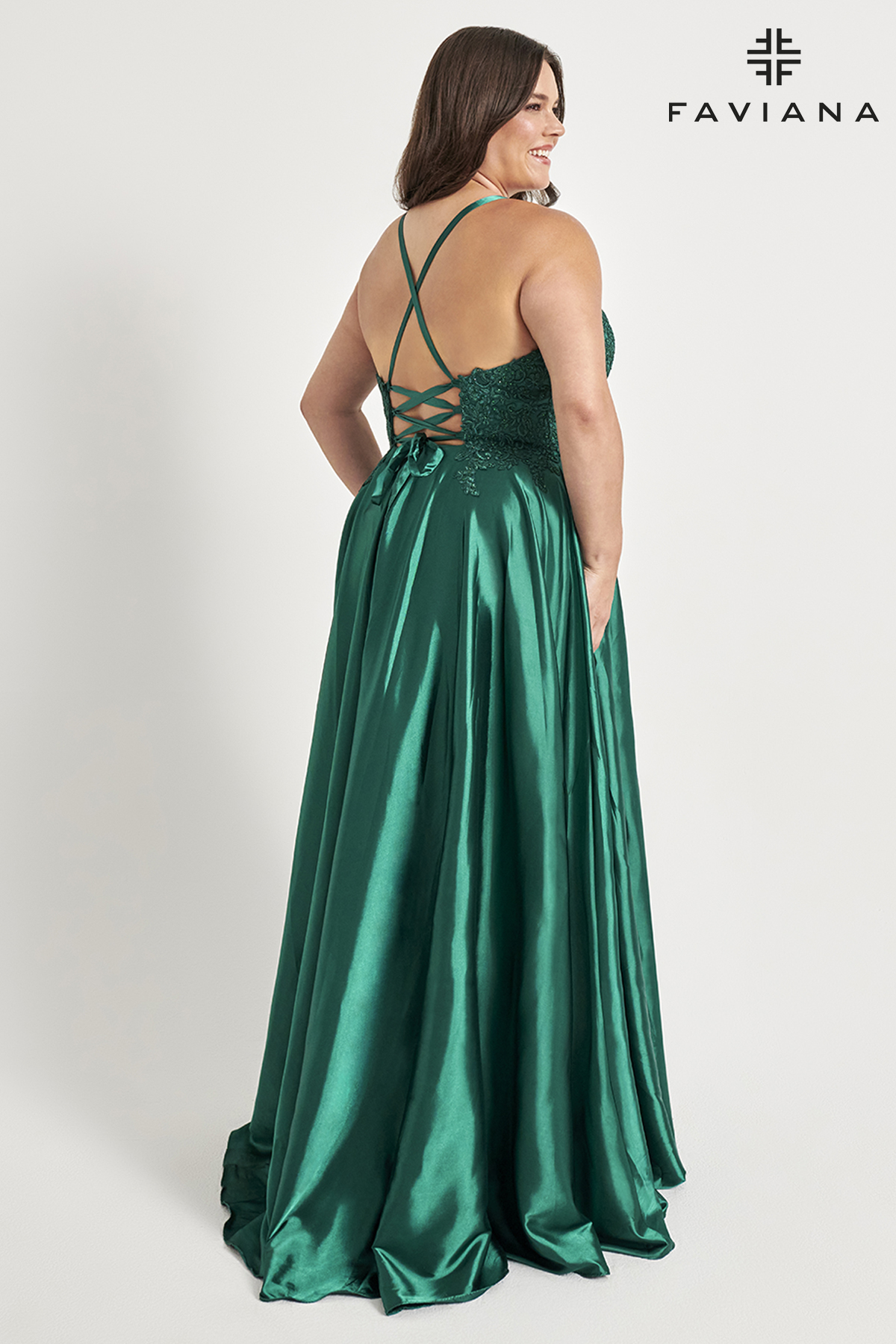 Long Charmeuse V-Neck Prom Dress With Applique Bodice  9498
