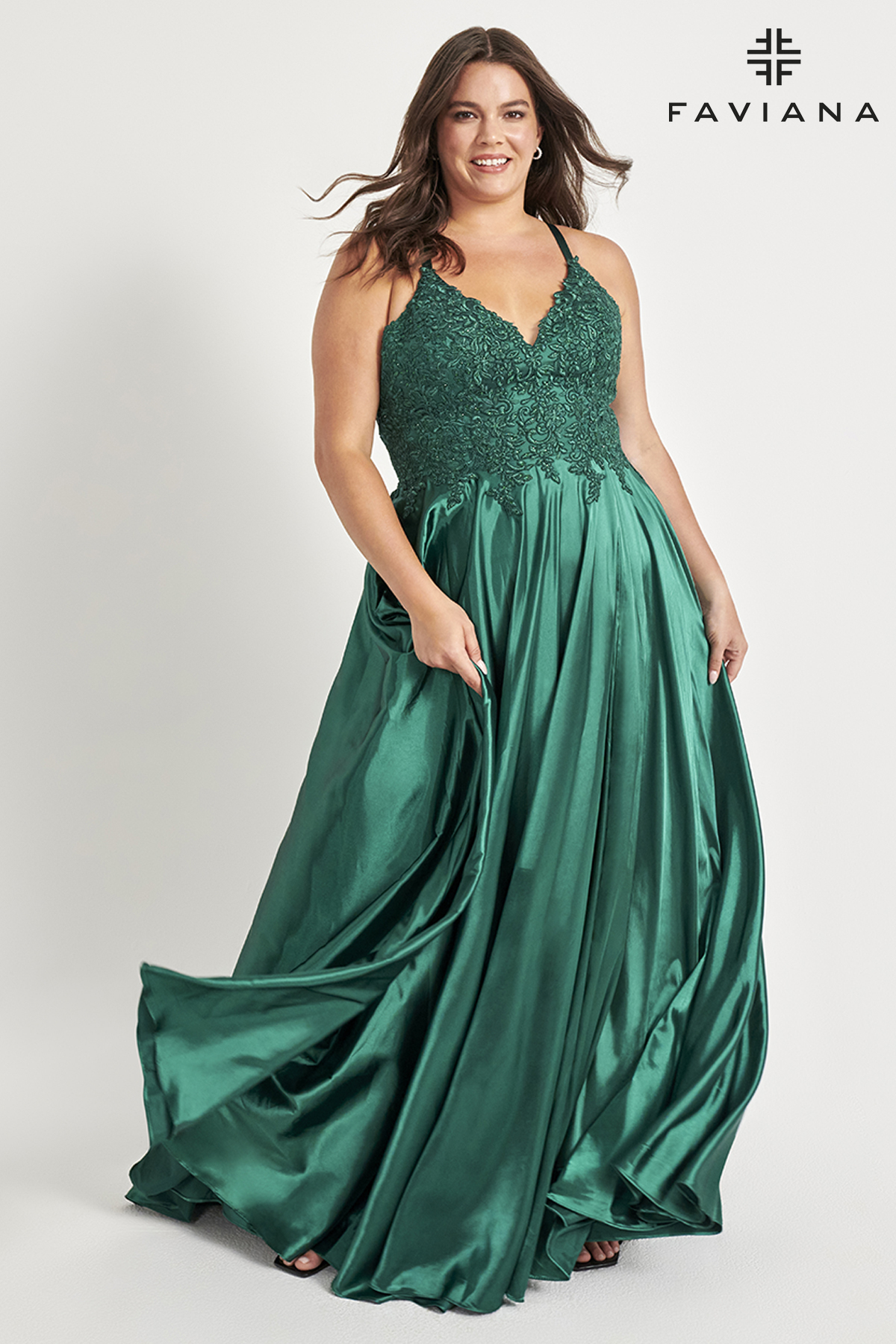 Long Charmeuse V-Neck Prom Dress With Applique Bodice  9498