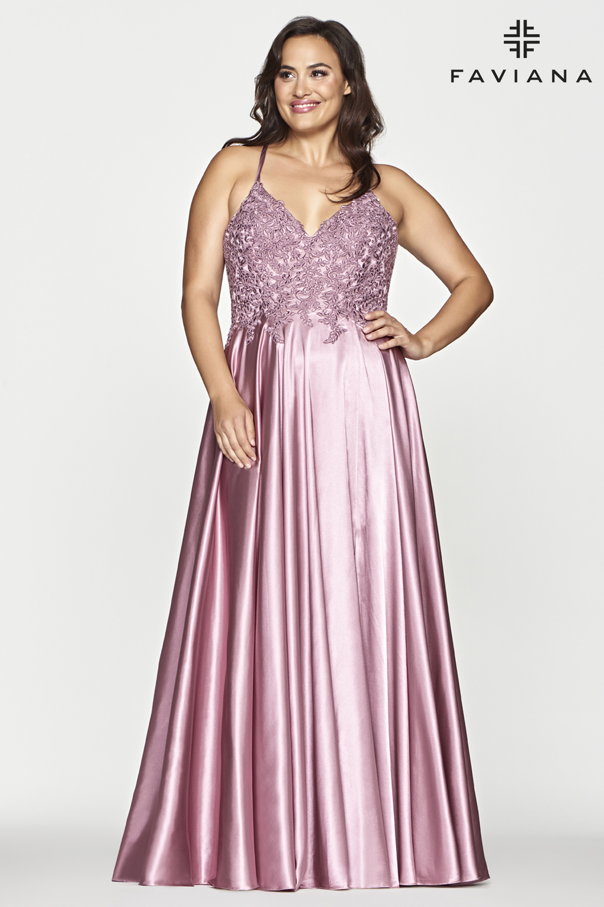 Long Charmeuse V-Neck Prom Dress With Applique Bodice  9498