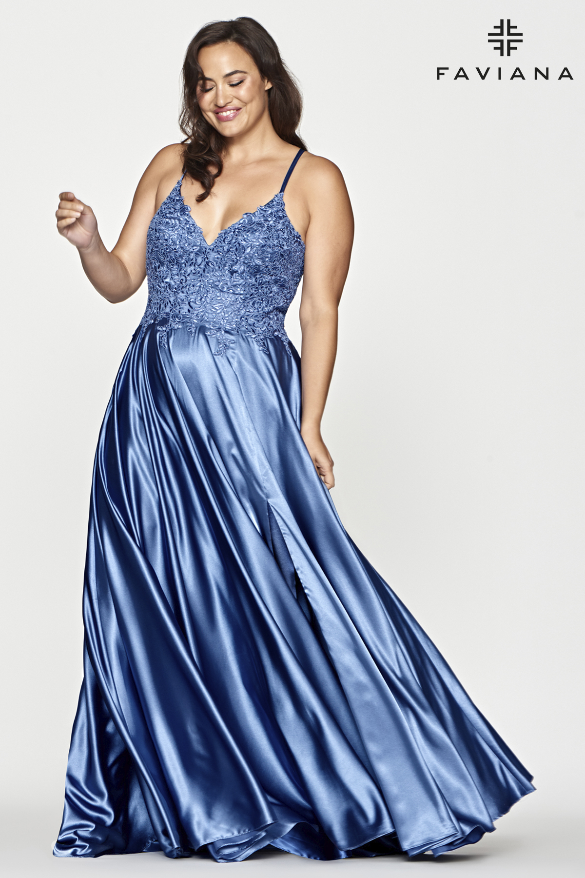 Long Charmeuse V-Neck Prom Dress With Applique Bodice  9498