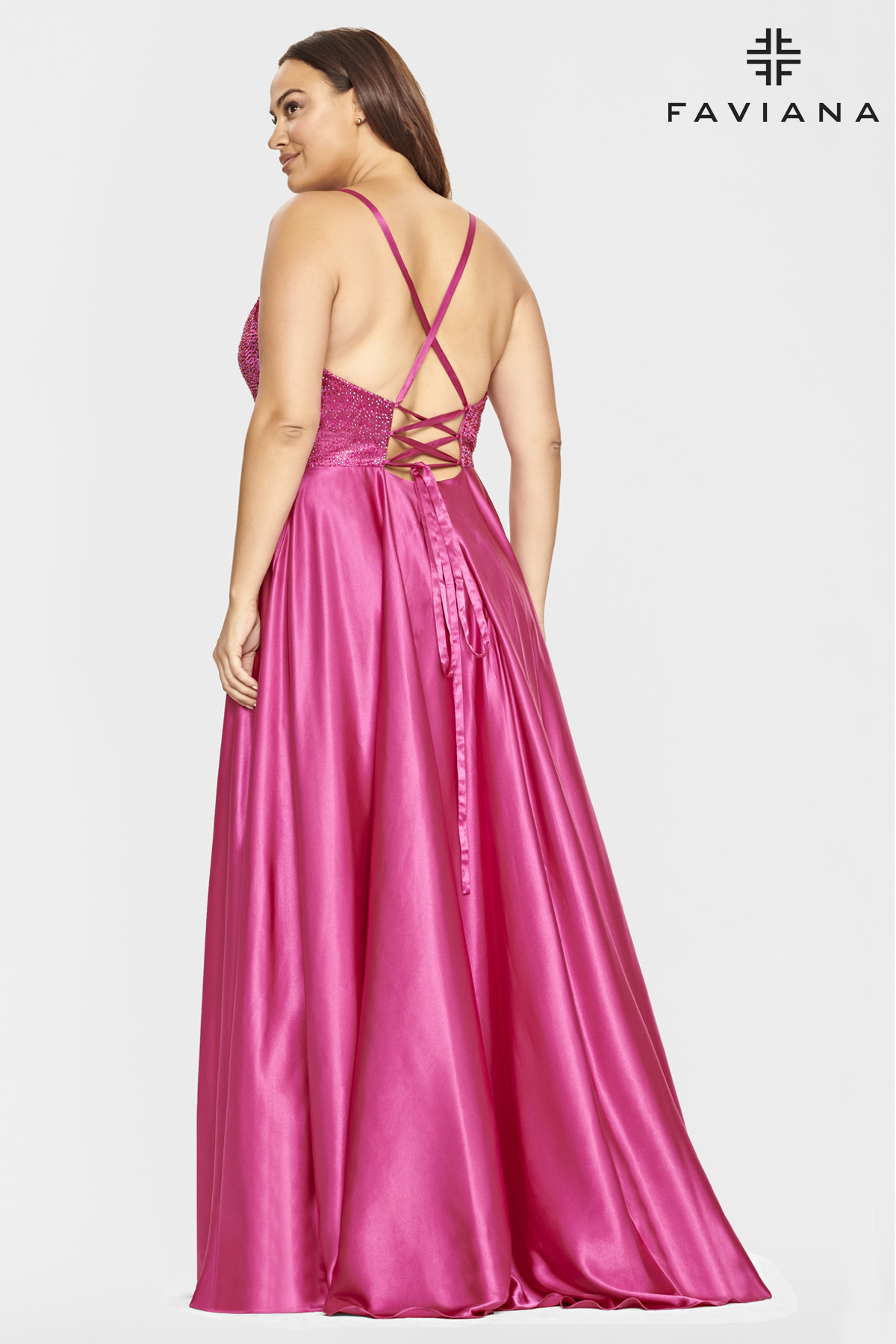Long Charmeuse V-Neck Prom Dress With Heatstone Bodice 9524