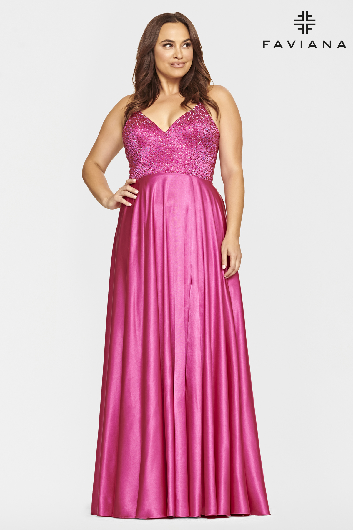Long Charmeuse V-Neck Prom Dress With Heatstone Bodice 9524