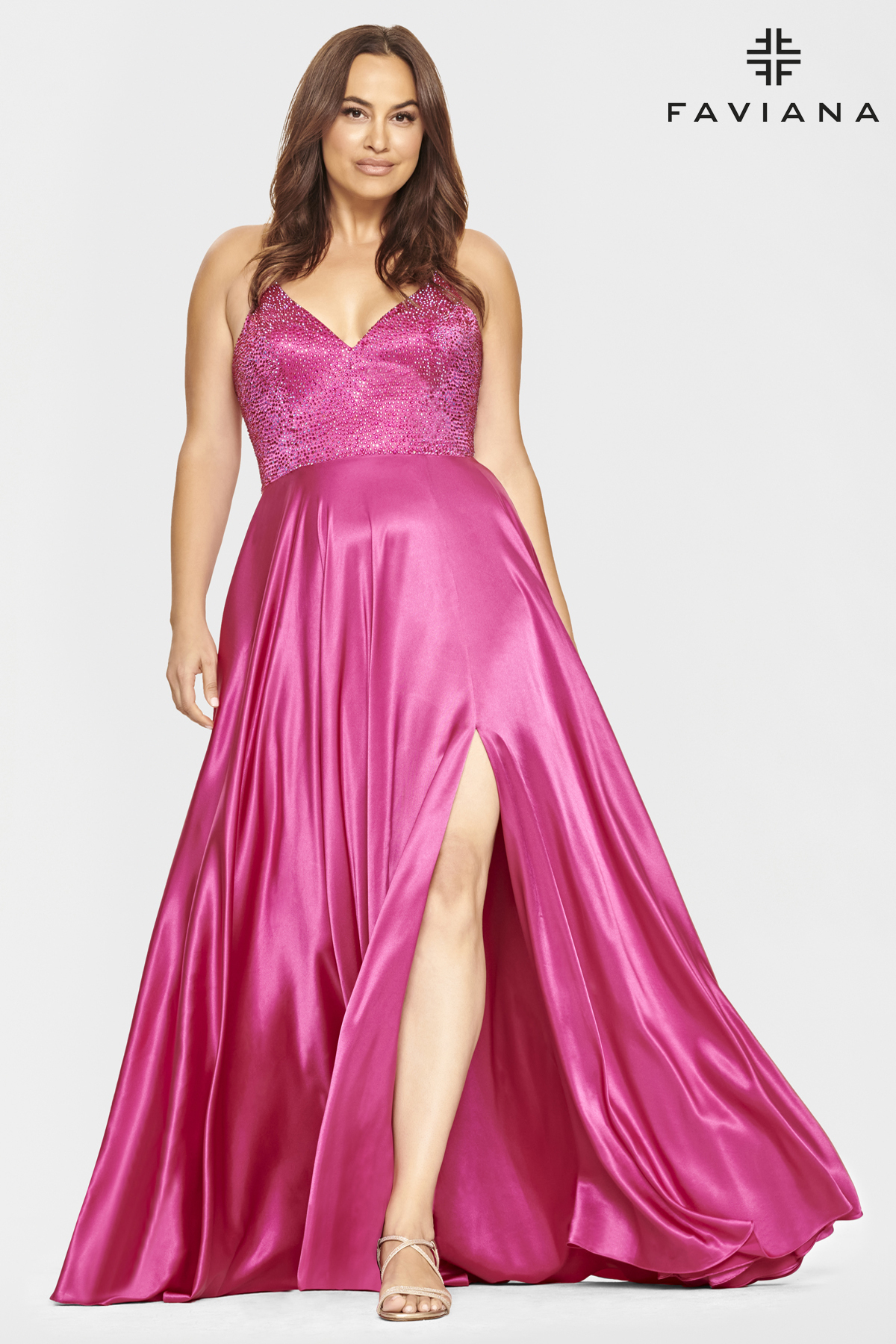 Long Charmeuse V-Neck Prom Dress With Heatstone Bodice 9524