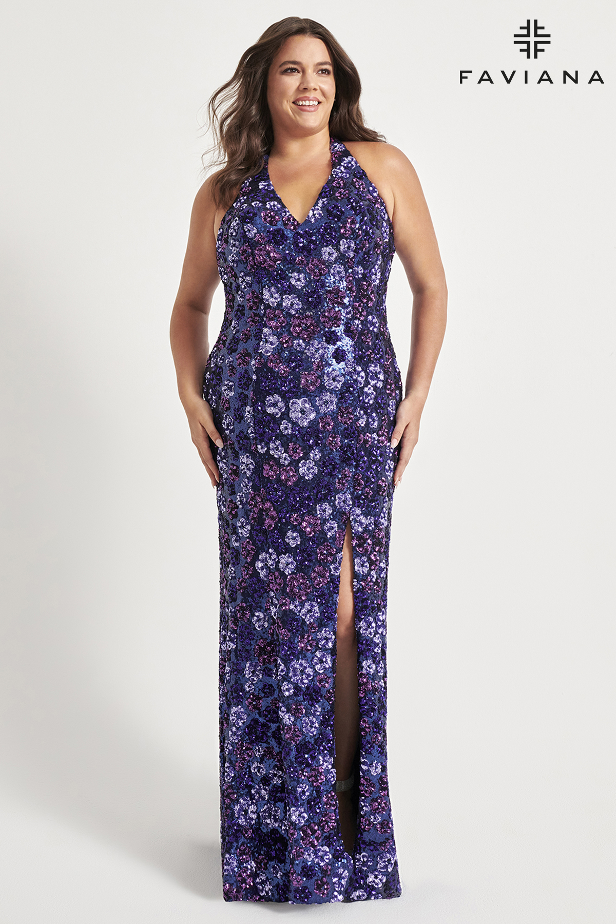 Long Novelty Sequin V-Neck Halter Slit Prom Dress 9560