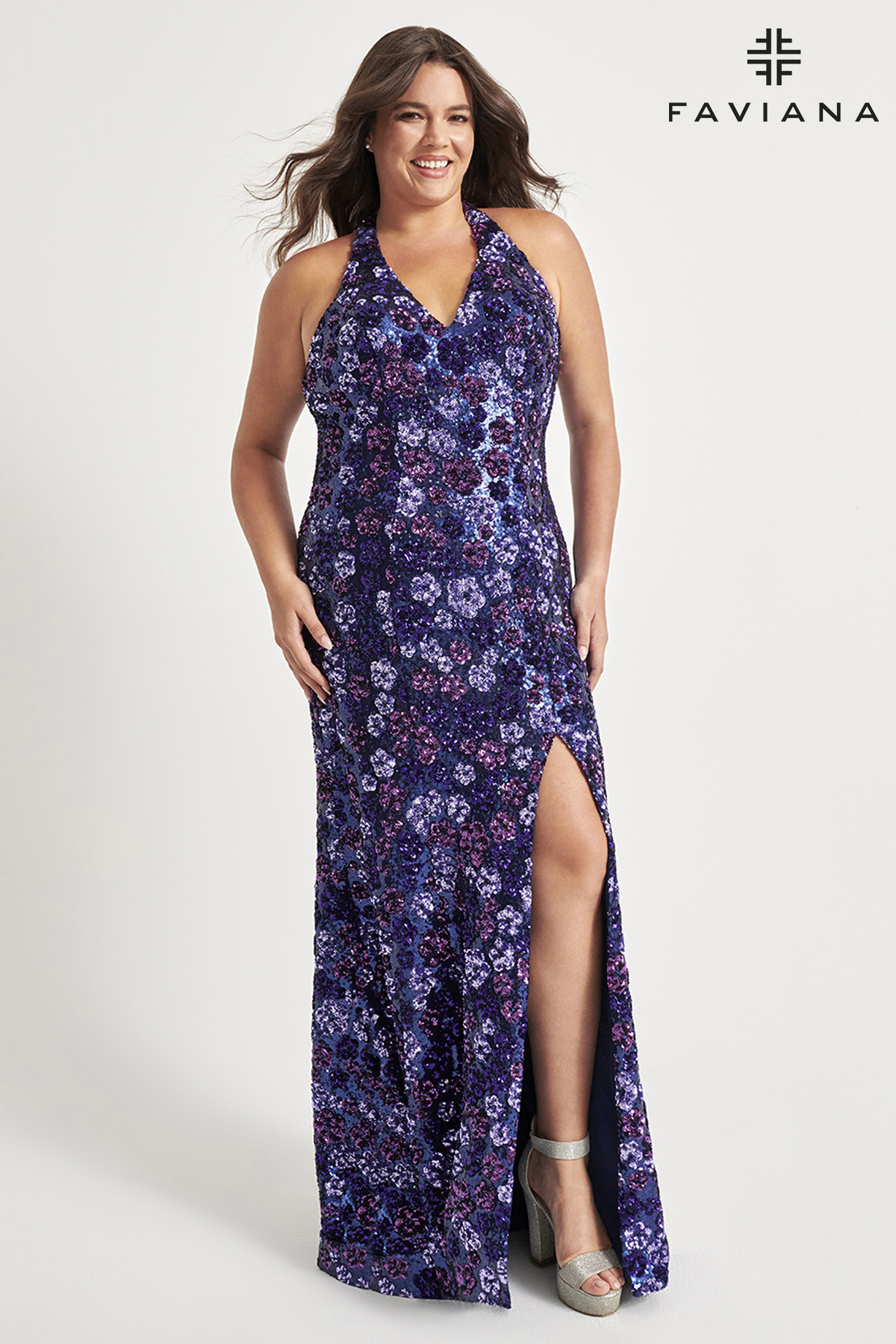 Long Novelty Sequin V-Neck Halter Slit Prom Dress 9560