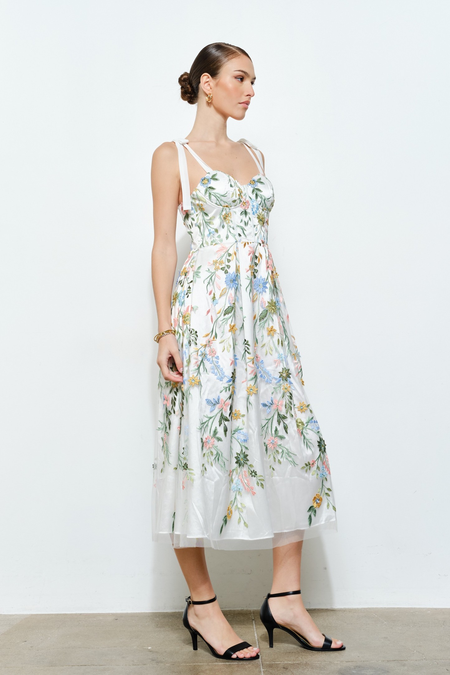 Romantic Floral Embroidered Mesh Midi Dress