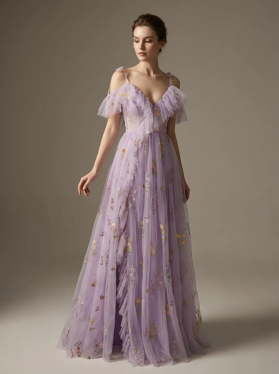 Lavender Embroidered A-Line Prom Dress V-Neck Gown with Slit