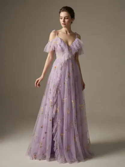 Lavender Embroidered A-Line Prom Dress V-Neck Gown with Slit