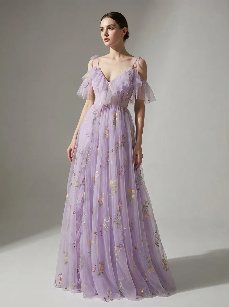 Lavender Embroidered A-Line Prom Dress V-Neck Gown with Slit